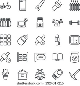 Thin Line Icon Set - wireless notebook vector, luggage storage, book, team, flower in pot, saw, lady bug, house, fertilizer, pills bottle, barbell, bike, satellite, rca, phone back, menu, torch