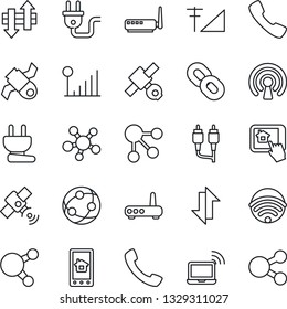 Thin Line Icon Set - wireless notebook vector, satellite, network, share, chain, rca, call, data exchange, cellular signal, power plug, router, home control app, social media
