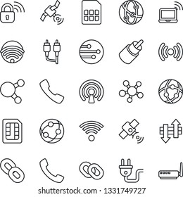 Thin Line Icon Set - wireless notebook vector, satellite, network, share, chain, rca, call, sim, data exchange, power plug, lock, router