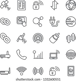 Thin Line Icon Set - wireless notebook vector, satellite, share, chain, rca, call, sim, network, data exchange, cellular signal, power plug, lock, router, home control app