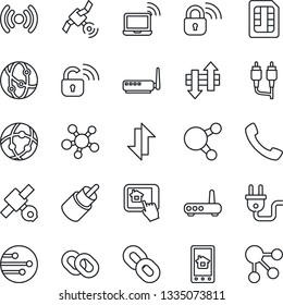 Thin Line Icon Set - wireless notebook vector, satellite, network, share, chain, rca, call, sim, data exchange, power plug, lock, router, home control app, social media