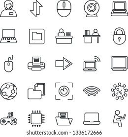 Thin Line Icon Set - wireless notebook vector, right arrow, lock, mouse, pc, virus, support, folder document, gamepad, tv, network, data exchange, manager desk, printer, chip, web camera, eye scan