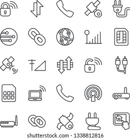 Thin Line Icon Set - wireless notebook vector, satellite, network, chain, rca, call, sim, data exchange, cellular signal, power plug, lock, router, home control app