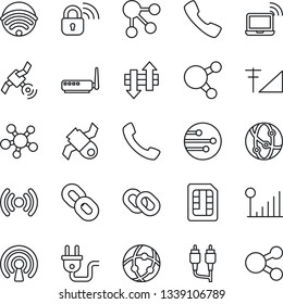 Thin Line Icon Set - wireless notebook vector, satellite, network, share, chain, rca, call, sim, data exchange, cellular signal, power plug, lock, router, social media