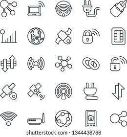 Thin Line Icon Set - wireless notebook vector, satellite, network, share, chain, rca, sim, data exchange, cellular signal, power plug, lock, router, home control app, social media