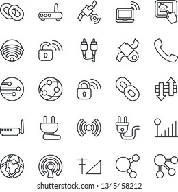 Thin Line Icon Set - wireless notebook vector, satellite, network, share, chain, rca, call, data exchange, cellular signal, power plug, lock, router, home control app, social media