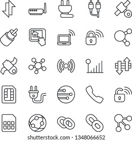 Thin Line Icon Set - wireless notebook vector, satellite, network, share, chain, rca, call, sim, data exchange, cellular signal, power plug, lock, router, home control app, social media