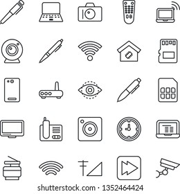 Thin Line Icon Set - wireless notebook vector, camera, pen, pc, clock, remote control, monitor, radio phone, fast forward, back, mobile, sd, sim, eye id, cellular signal, copier, smart home, router