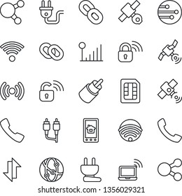 Thin Line Icon Set - wireless notebook vector, satellite, network, share, chain, rca, call, sim, data exchange, cellular signal, power plug, lock, home control app, social media