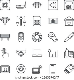 Thin Line Icon Set - wireless notebook vector, pen, pc, bench, barcode, touch screen, radio phone, rewind, back, mobile camera, tuning, calculator, sim, eye id, cellular signal, smart home, router