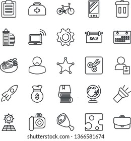 Thin Line Icon Set - wireless notebook vector, globe, doctor case, bike, patient, route, camera, mobile, settings, torch, cut, clipboard, calendar, book, sun panel, sale, office building, ham