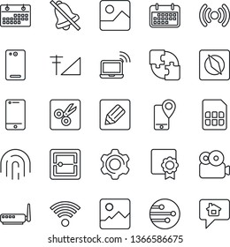 Thin Line Icon Set - wireless notebook vector, mobile tracking, term, cell phone, back, gallery, settings, scanner, sim, network, notes, mute, cut, compass, fingerprint id, video, cellular signal