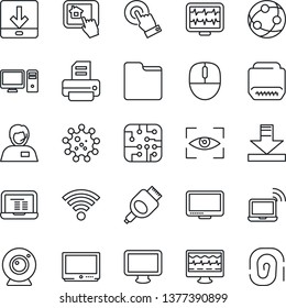 Thin Line Icon Set - wireless notebook vector, mouse, pc, printer, monitor pulse, virus, support, tv, network, touch screen, hdmi, folder, download, chip, web camera, home control app, eye scan