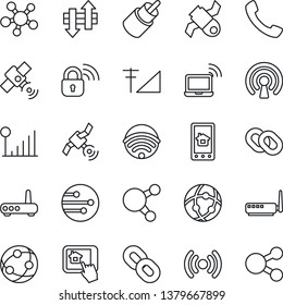 Thin Line Icon Set - wireless notebook vector, satellite, network, share, chain, rca, call, data exchange, cellular signal, lock, router, home control app, social media
