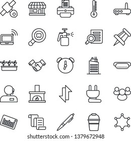 Thin Line Icon Set - wireless notebook vector, handshake, contract, document search, drawing pin, printer, bucket, seedling, garden sprayer, store, satellite, cargo, barcode, group, alarm, support