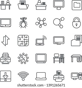 Thin Line Icon Set - wireless notebook vector, lock, desk, printer, virus, tv, monitor, share, folder, data exchange, download, document, manager, pc, chip