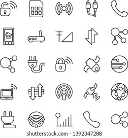 Thin Line Icon Set - wireless notebook vector, satellite, share, rca, call, sim, network, data exchange, cellular signal, power plug, lock, router, home control app, social media