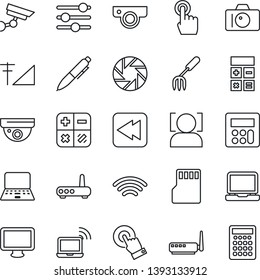 Thin Line Icon Set - wireless notebook vector, camera, calculator, pen, pc, garden fork, touch screen, monitor, laptop, rewind, mobile, tuning, sd, face id, cellular signal, router, web
