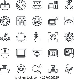 Thin Line Icon Set - wireless notebook vector, mouse, desk, pc, printer, monitor pulse, virus, gamepad, tv, network, touch screen, share, document folder, chip, web camera, home control app