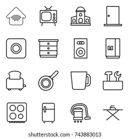 thin line icon set : wireless home, tv, mansion, door, ring button, chest of drawers, speaker, fridge, toaster, pan, cup, repair tools, hob, vacuum cleaner, iron board