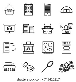 thin line icon set : wireless home, building, skyscraper, hangare, presentation, district, japanese house, architector, hotel, fireplace, hob, oven, brush, wiping, duster, outsource