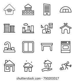 thin line icon set : wireless home, cottage, skyscraper, hangare, district, city, architector, bungalow, water tap, power switch, table, oven, house, cleaning, housing, vacuum cleaner