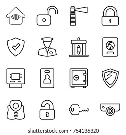 thin line icon set : wireless home, unlock, lighthouse, lock, protected, security man, detector, passport, atm, identity card, safe, shield, life vest, unlocked, key, surveillance camera