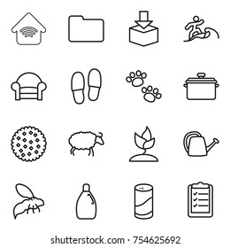 thin line icon set : wireless home, documents, package, surfer, armchair, slippers, pets, pan, cookies, sheep, sprouting, watering can, wasp, cleanser, powder, clipboard list