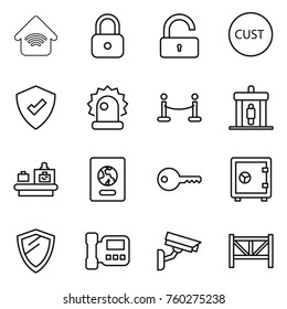 Thin line icon set : wireless home, lock, unlock, customs, protected, alarm, vip fence, detector, baggage checking, passport, key, safe, shield, intercome, surveillance camera, farm