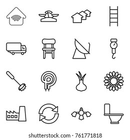 Thin line icon set : wireless home, scales, houses, stairs, shipping, chair, satellite antenna, handle, whisk, elecric oven, onion, flower, factory, reload, hard reach place cleaning, toilet