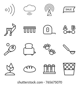 Thin line icon set : wireless, cloud, antenna, sale, greate wall, bridge, measuring tape, route a to b, tennis, toaster, pets, ladle, sprouting, bread, grain elevator, trash bin