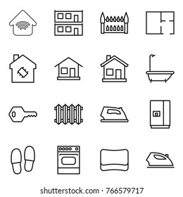 Thin line icon set : wireless home, modular house, gothic architecture, plan, smart, bath, key, radiator, iron, fridge, slippers, oven, sponge
