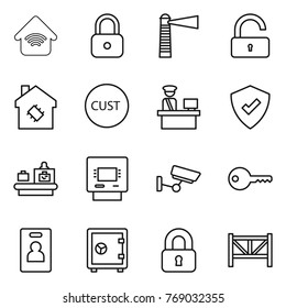 Thin line icon set : wireless home, lock, lighthouse, unlock, smart house, customs, control, protected, baggage checking, atm, surveillance, key, identity card, safe, locked, farm fence