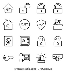 Thin line icon set : wireless home, unlock, lock, smart house, customs, protected, inspector, passport, safe, locked, unlocked, key, intercome, alarm, surveillance camera