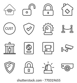 Thin line icon set : wireless home, unlock, lock, smart house, customs, protected, alarm, vip fence, detector, passport, atm, surveillance, shield, locked, camera