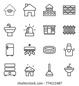 Thin line icon set : wireless home, cottage, brick wall, sink, alarm, wardrobe, radiator, fridge, air conditioning, inflatable pool, apron, double boiler, house cleaning, plunger, water tap