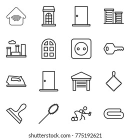 Thin line icon set : wireless home, building, door, district, city, arch window, power socket, key, iron, garage, rag, scraper, duster, vacuum cleaner, towel