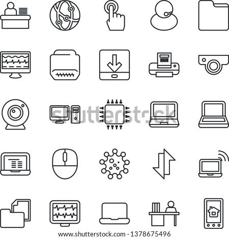 Thin Line Icon Set - wireless notebook vector, mouse, pc, monitor pulse, virus, support, folder document, network, touch screen, laptop, hdmi, data exchange, download, manager desk, printer, chip