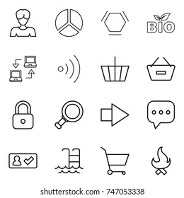 thin line icon set : woman, diagram, hex molecule, bio, notebook connect, wireless, basket, remove from, lock, magnifier, right arrow, sms, check in, pool, cart, fire