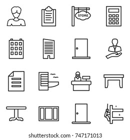 thin line icon set : woman, clipboard, store signboard, calculator, building, skyscraper, door, client, document, hotel, reception, table, window, skyscrapers cleaning