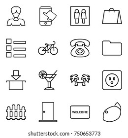 thin line icon set : woman, touch, wc, shopping bag, list, bike, phone, documents, package, cocktail, palm hammock, power socket, fence, door, welcome mat, lemon