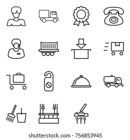 Thin line icon set : woman, truck, medal, phone, support manager, shipping, package, fast deliver, baggage trolley, do not distrub, meal cap, sweeper, bucket and broom, skysrcapers cleaning