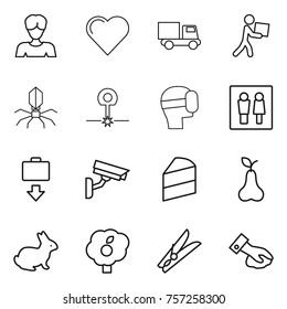 Thin line icon set : woman, heart, truck, courier, virus, laser, virtual mask, wc, baggage get, surveillance camera, cake, pear, rabbit, garden, clothespin, wiping