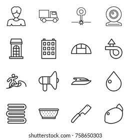 Thin line icon set : woman, truck, laser, web cam, building, greenhouse, trip, surfer, loudspeaker, yacht, drop, towels, colander, chef knife, lemon