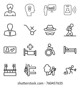 Thin line icon set : woman, bulb head, presentation, pass card, client, do not trolley sign, confidential, tourist, check in, hospital, invalid, bed, skysrcapers cleaning, skyscrapers, garden