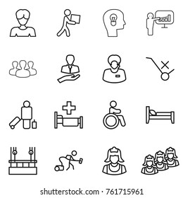 Thin Line Icon Set : Woman, Courier, Bulb Head, Presentation, Group, Client, Support Manager, Do Not Trolley Sign, Passenger, Hospital, Invalid, Bed, Skysrcapers Cleaning, Vacuum Cleaner, Outsource