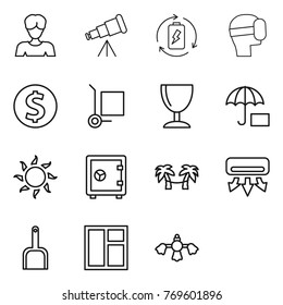 Thin line icon set : woman, telescope, battery charge, virtual mask, dollar coin, cargo stoller, wineglass, insurance, sun, safe, palm hammock, air conditioning, scoop, window