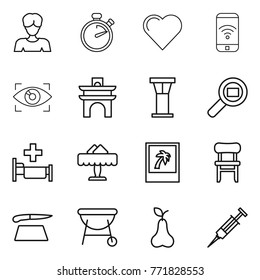 Thin line icon set : woman, stopwatch, heart, phone wireless, eye identity, arch, airport tower, cargo search, hospital, restaurant, photo, chair, cutting board, bbq, pear, syringe