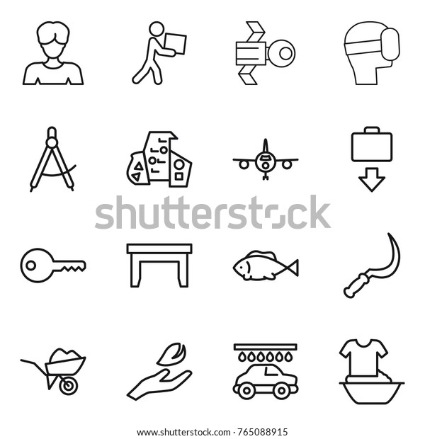 Thin line icon set : woman, courier, satellite,\
virtual mask, draw compass, modern architecture, plane, baggage\
get, key, table, fish, sickle, wheelbarrow, hand leaf, car wash,\
handle washing