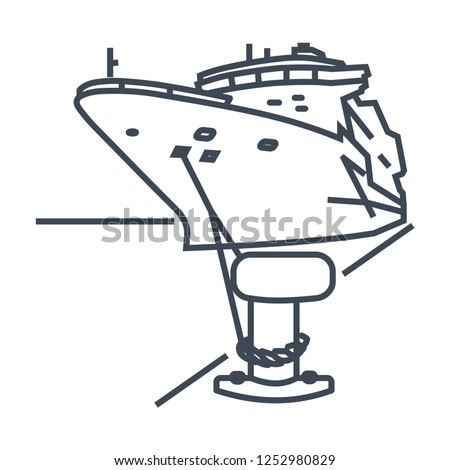 thin line icon ship moored in port, bollard with mooring ropes